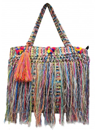 Multi-color fringed jacquard bag